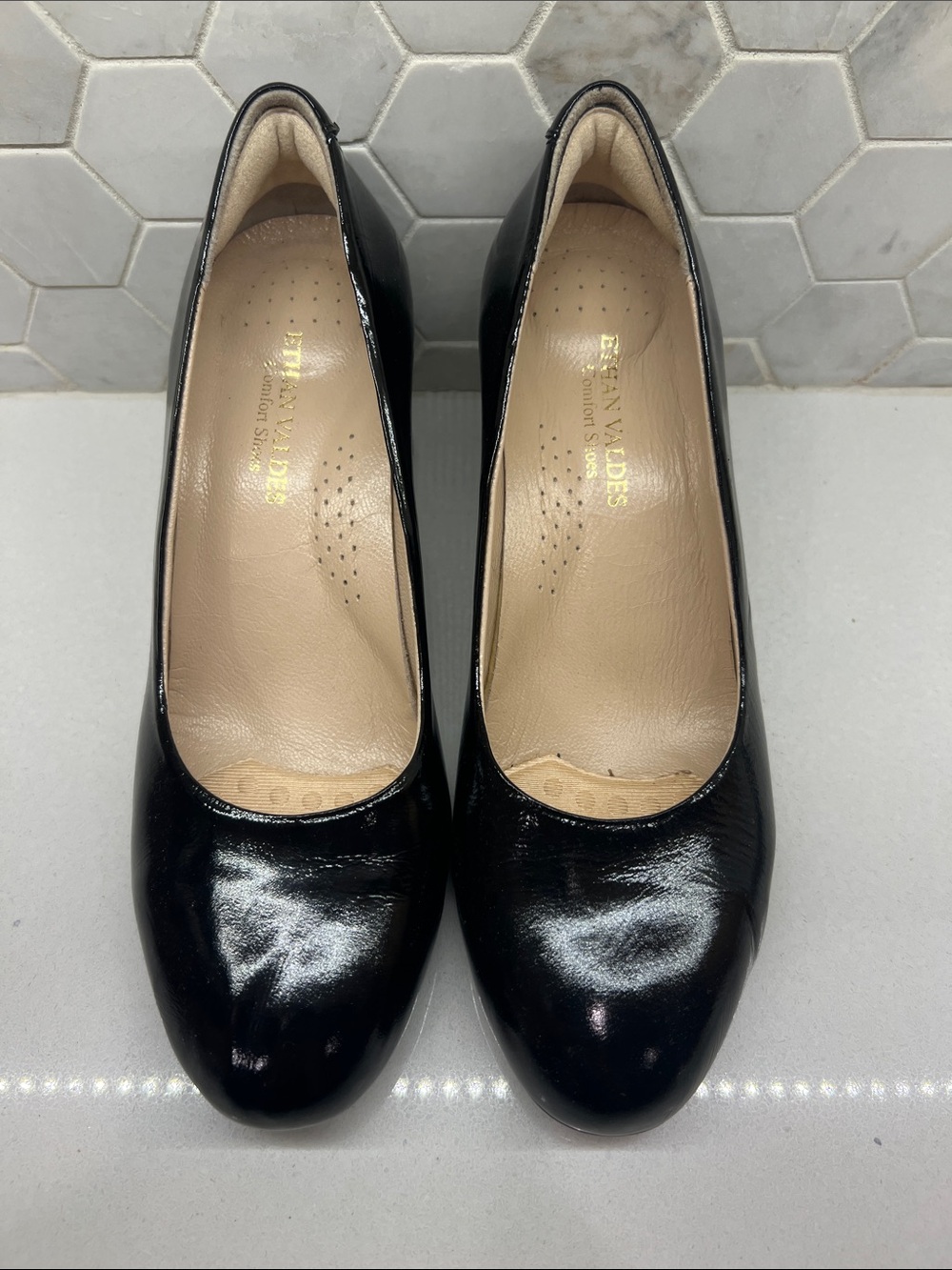 Ethan Valdes Black Patent Leather Wonder Pump Block Heel Loafer Shoes Women 39